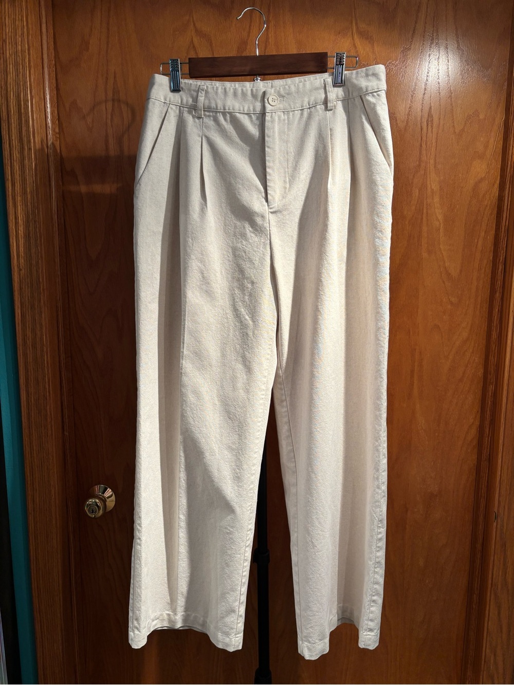 Linen Blend Pleated Wide-Leg Trousers in Beige XL quiet luxury tailored oldmoney